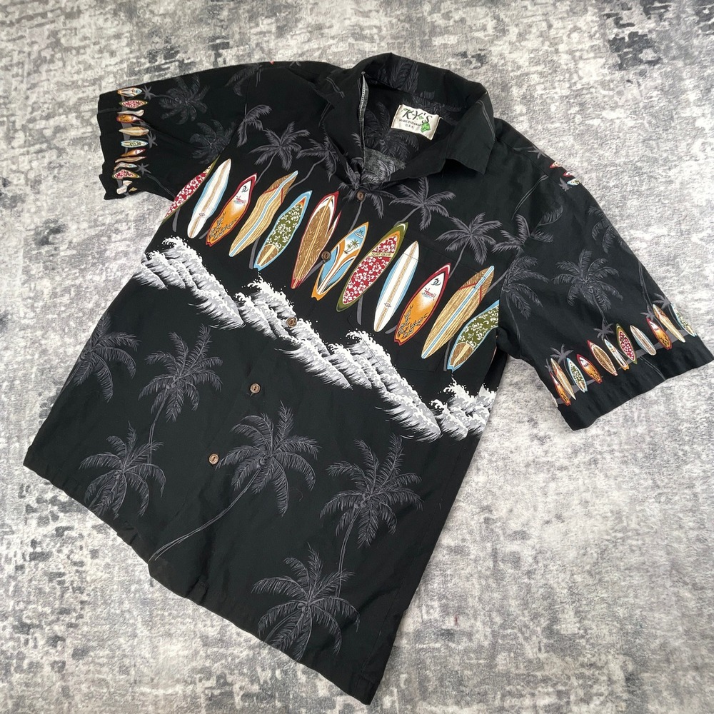 Vtg Ky's Men L Hawaiian Camp Shirt‎ Surfboard Waves Palm Trees Black Cotton